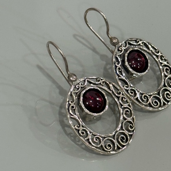 Or Paz Sterling Garnet Oval Scroll Design Dangle Earrings - Picture 3 of 7